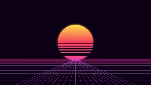 Retro synthwave landscape with a glowing sun over a digital grid horizon