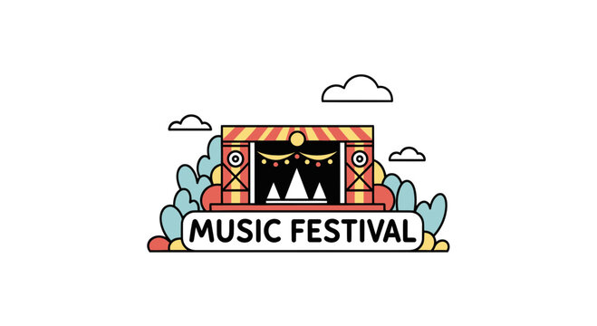 Outdoor music festival stage with colorful lights and sound equipment