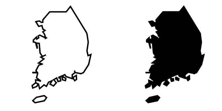 Black and white vector map silhouettes of South Korea.