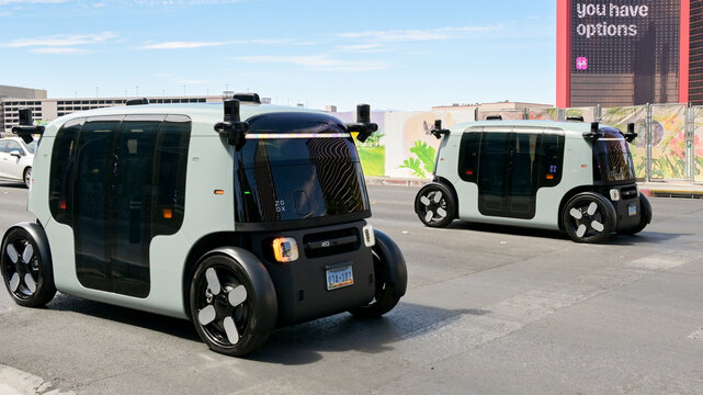 Las Vegas, Nevada, USA - 4 July 2026: Autonomous robotaxi vehicles developed and operated by Amazon subsidiary company Zoox, drivng on Las Vegas Boulevard.