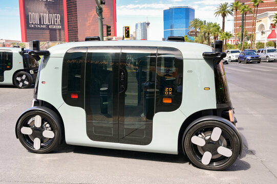 Las Vegas, Nevada, USA - 4 July 2026: Autonomous vehicle developed and operated by Amazon subsidiary company Zoox, drivng on Las Vegas Boulevard.