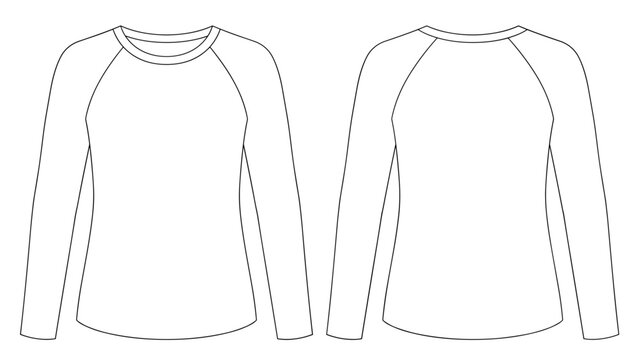 Raglan long sleeve t-shirt flat technical drawing illustration baseball style streetwear mock-up template for design and tech pack men unisex women
