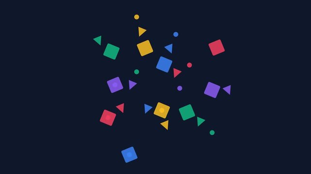 Abstract composition of colorful geometric shapes on a dark blue background