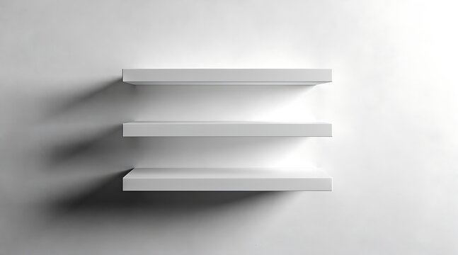 Three empty white shelves mounted on a light gray wall with dramatic shadows.