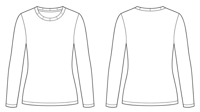 Basic crew neck long sleeve t-shirt flat technical drawing illustration blank streetwear mock-up template for design and tech pack men unisex women