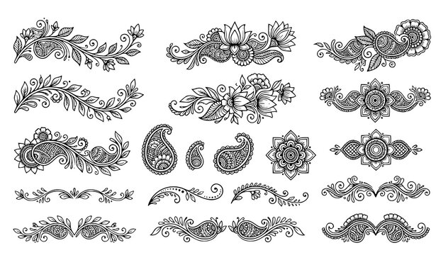 Henna mehndi vector collection featuring floral line art borders, paisley motifs, decorative dividers, swirl vines, lotus flowers, and ethnic ornament graphic elements.