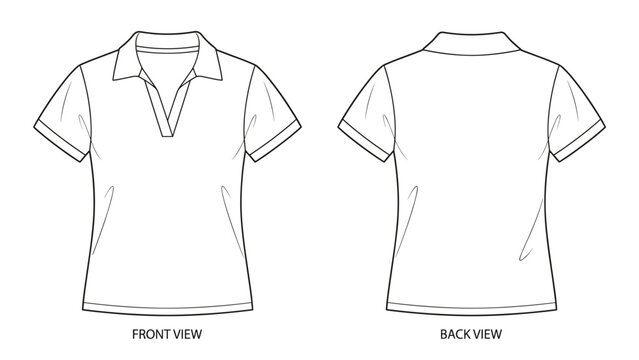 Polo collar short sleeve shirt flat technical drawing illustration v-neck streetwear mock-up template for design and tech pack men unisex women
