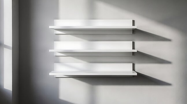 Minimalist white shelves on a textured wall with dramatic shadows and sunlight.