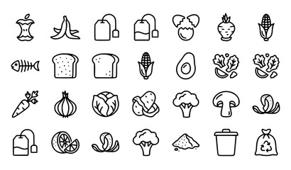 Fototapeta premium Food Scraps and Organic Waste Outline Icon Set – Kitchen Compost and Raw Ingredient Vector Collection