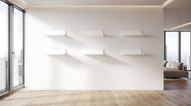 Modern minimalist interior with white floating shelves and natural light.