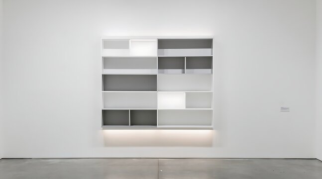 Modern geometric bookshelf integrated into a white wall with subtle lighting.