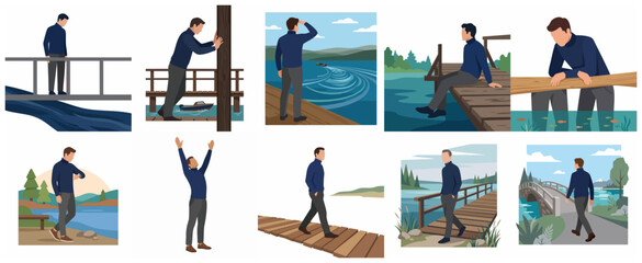 Set of illustrations featuring a man in various poses and activities by the lake, bridges, and wooden docks