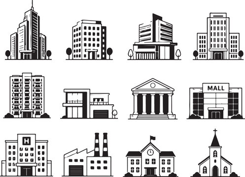 Set of various city building icons in black and white sketch style Vector