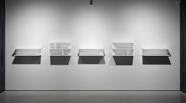 Minimalist Art Installation with Five Shelves and Dramatic Shadows on a White Wall.