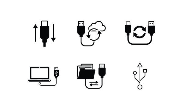 Set of usb connection and data transfer icons for computers.