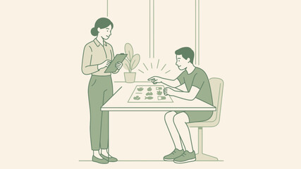 Fototapeta premium Health professional reviewing nutritional data and food selections with a patient using a visual dietary guide in a minimalist clinical environment
