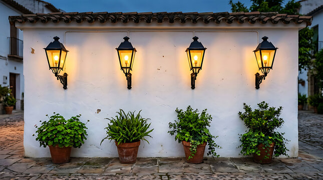 Vintage Wall Lamps and Potted Plants on White House Wall Exterior