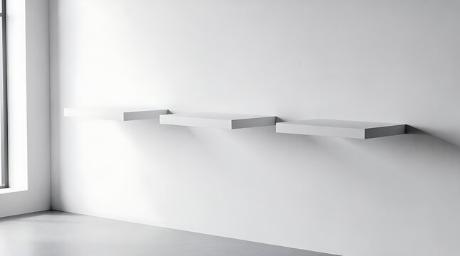 Minimalist interior with white floating shelves on a white wall and natural light from a window.