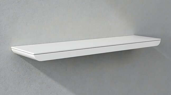 Modern white floating shelf mounted on a gray wall, minimalist design.