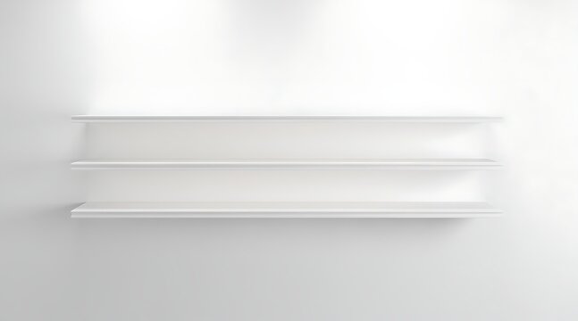 Clean White Shelves Mounted on a Light Gray Wall with Subtle Shadows.