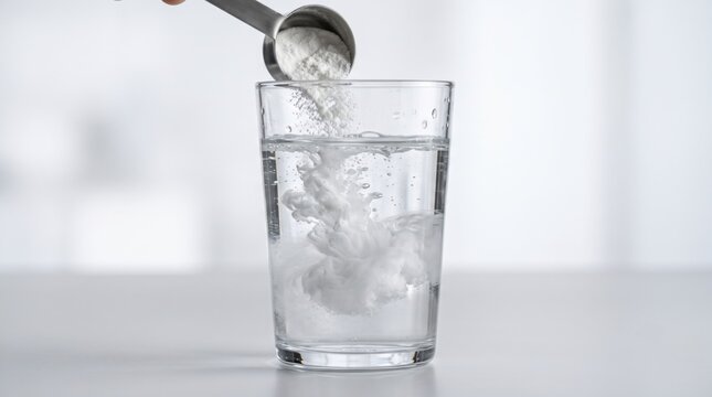 White protein and creatine powder blending into water delivers elegant scientific still life about creatine use, drink preparation and modern performance nutrition in bright minimal style.