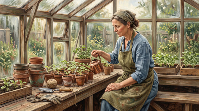 realistic oil painting of a woman watering plant seedlings with a copper can inside a cozy greenhouse.