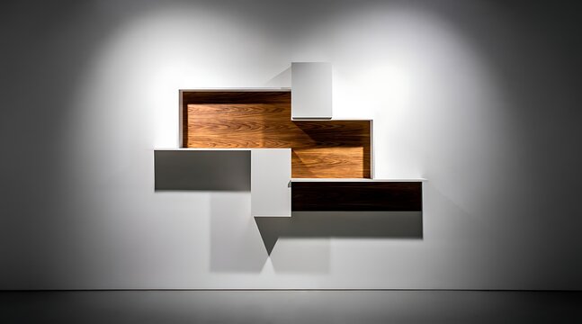Modern Geometric Wall Shelf Unit with Wood and Metal Accents.