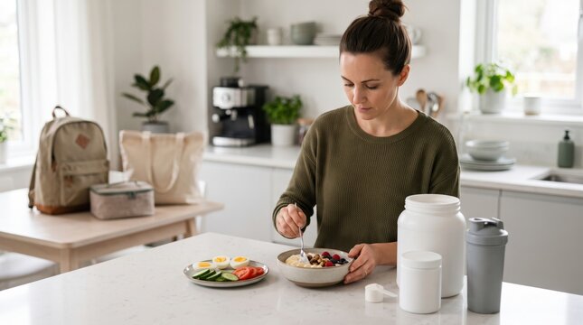 Real kitchen scene connects eggs, yogurt, fruit, protein and creatine with busy adult life, emphasizing balanced habits rather than extreme fitness performance.