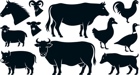 Farm Animal Black Silhouette Vector Set Featuring Detailed Shapes of Cow Bull Horse Pig Sheep Goat Rooster Chicken and Duck Icons © Edo Rifandi!