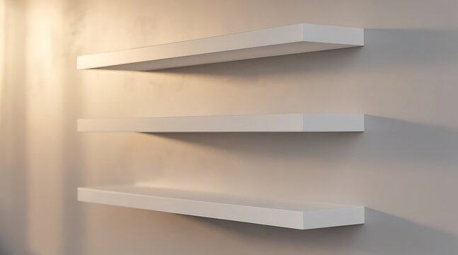 Three modern white floating shelves mounted on a neutral wall with soft lighting.