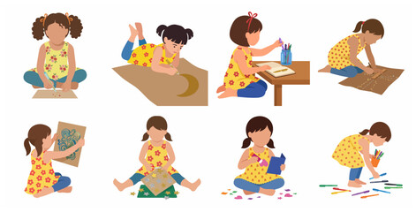 Collection of little girl illustrations engaged in various creative art and craft activities, drawing, writing, and schoolwork