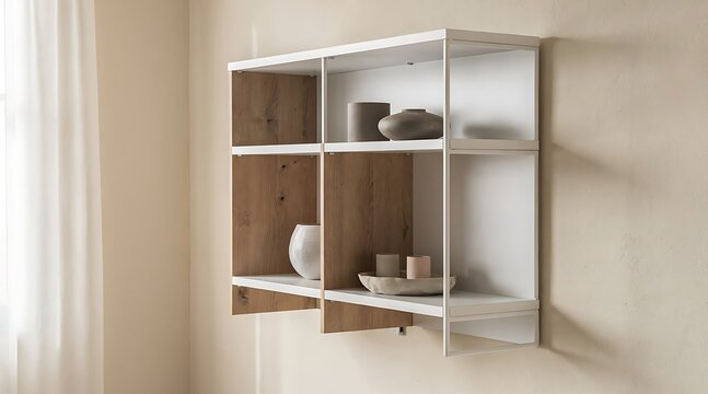 Modern White Wall Shelf Unit with Decorative Items.