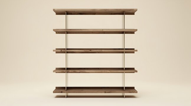 Modern Minimalist Wooden Bookshelf with Metal Supports Against a Neutral Background.