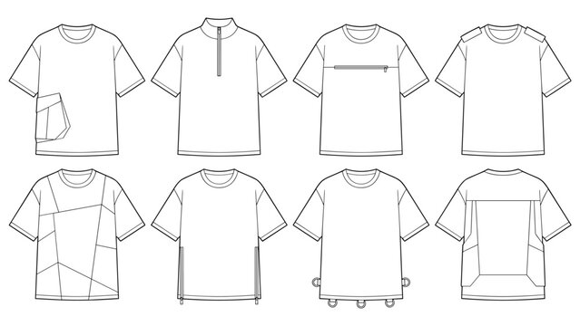 techwear t shirt technical sketch with cargo pockets and d ring details vector cad drawing template