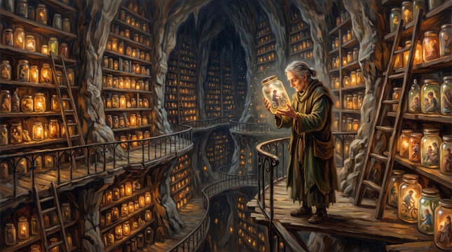 fantasy digital painting of an old librarian holding a glowing jar of memories in a magical cave.