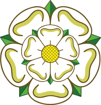 White rose of Yorkshire heraldic symbol vector illustration featuring double white petals yellow center and green sepals emblemWhite rose of Yorkshire heraldic symbol vector illustration featuring dou