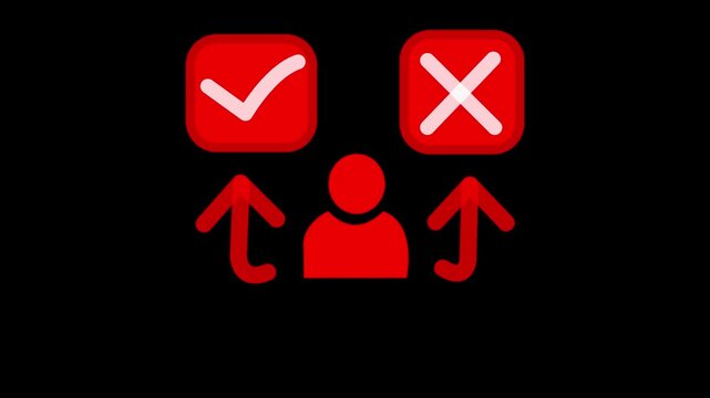 Person icon accompanied by a bright red check mark and a red cross sign represents the binary choice between affirmative and negative outcomes in a simple graphical interface for user evaluation.