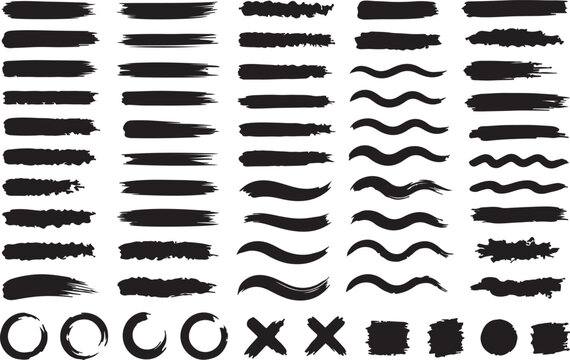 Set of black ink brush strokes and shapes for graphic design projects Vector