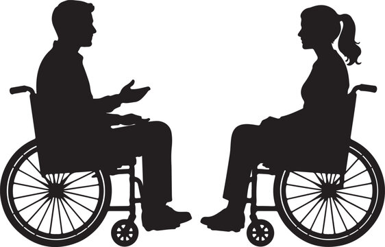Man and woman sitting in wheelchairs talking to each other together Vector