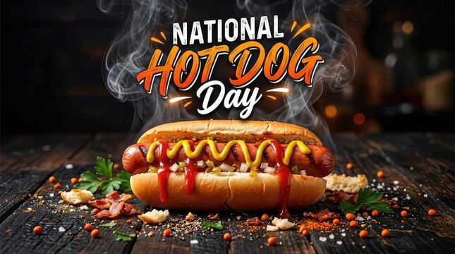 Delicious hot dog with mustard and ketchup on dark wooden table background for national hot dog day banner
