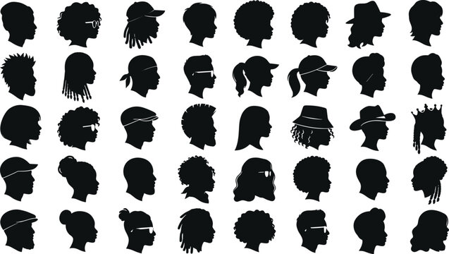 Set of diverse human head silhouettes in profile view featuring various hairstyles and trendy headwear accessories