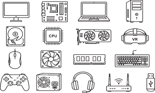 Set of computer hardware and technology icons in hand drawn sketch style Vector