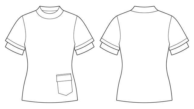 Women's High Neck T-shirt with Hip Pocket and Double Cuff, Fashion Illustration, Vector, CAD, Technical Drawing, Flat Drawing, Front and Back View.