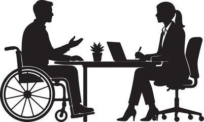 Fototapeta premium Silhouette of a man in a wheelchair having a business meeting with a woman Vector