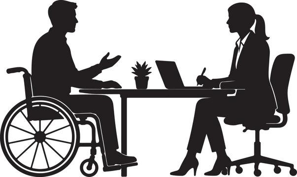 Silhouette of a man in a wheelchair having a business meeting with a woman Vector