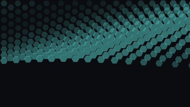 Abstract background with a pattern of glowing teal hexagonal shapes on black