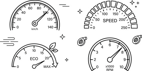 Naklejka premium Car Speedometer and Tachometer Gauge Vector Icon Set with Eco Performance Indicator Symbols