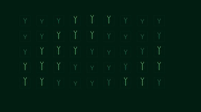 Grid of glowing y-shaped symbols arranged in a neat rectangular pattern