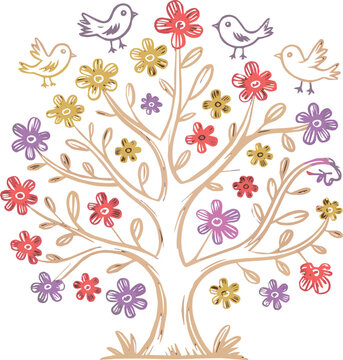 Isolated Child hand drowing vector tree with birds and flowers victor art white Background