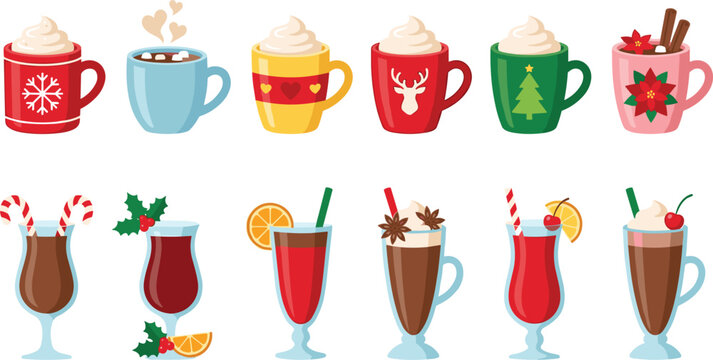 Christmas Winter Hot Drink Vector Set with Hot Chocolate Eggnog Coffee Mulled Wine and Decorated Holiday Mugs for Seasonal Menu Designs